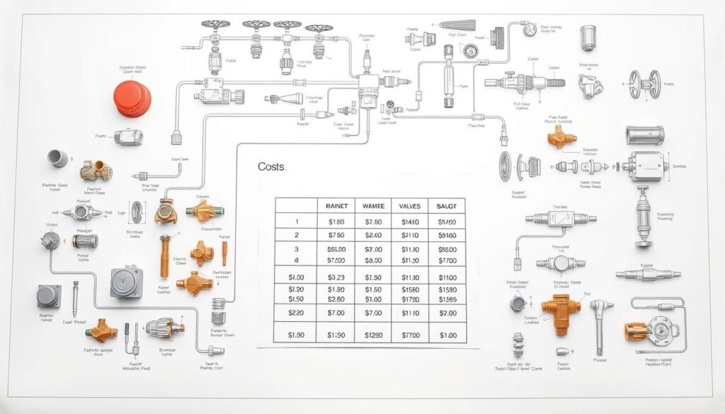 A detailed, highly technical schematic diagram of common irrigation system components, including sprinklers, valves, pipes, and fittings, laid out on a clean white background. The components are meticulously rendered in a precise, engineering-style illustration, with clear labels and callouts indicating their names and prices. The foreground features a prominent central display of the cost breakdown, neatly organized into a table or infographic. The middle ground showcases the various parts in an exploded view, while the background is clean and minimalist, allowing the technical details to take center stage. The overall mood is informative and educational, conveying a sense of professionalism and attention to detail. A detailed, highly technical schematic diagram of common irrigation system components, including sprinklers, valves, pipes, and fittings, laid out on a clean white background. The components are meticulously rendered in a precise, engineering-style illustration, with clear labels and callouts indicating their names and prices. The foreground features a prominent central display of the cost breakdown, neatly organized into a table or infographic. The middle ground showcases the various parts in an exploded view, while the background is clean and minimalist, allowing the technical details to take center stage. The overall mood is informative and educational, conveying a sense of professionalism and attention to detail.