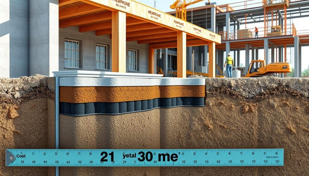 A detailed illustration of a construction site showcasing the cost breakdown for foundation waterproofing per square meter. The image depicts a cross-section of a building's foundation, highlighting the various layers and materials involved in the waterproofing process. The foreground features a ruler or measuring tape, symbolizing the cost assessment, while the middle ground showcases the key elements of the waterproofing system, such as membrane, sealants, and drainage. The background depicts the overall construction site, with workers and equipment, providing context for the investment. The lighting is bright and natural, creating a sense of clarity and professionalism. The camera angle is slightly elevated, offering a comprehensive view of the process and its cost breakdown. A detailed illustration of a construction site showcasing the cost breakdown for foundation waterproofing per square meter. The image depicts a cross-section of a building's foundation, highlighting the various layers and materials involved in the waterproofing process. The foreground features a ruler or measuring tape, symbolizing the cost assessment, while the middle ground showcases the key elements of the waterproofing system, such as membrane, sealants, and drainage. The background depicts the overall construction site, with workers and equipment, providing context for the investment. The lighting is bright and natural, creating a sense of clarity and professionalism. The camera angle is slightly elevated, offering a comprehensive view of the process and its cost breakdown.