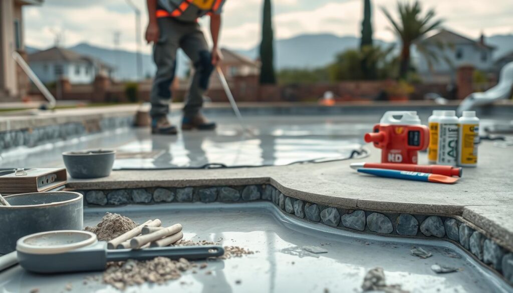 A detailed, realistic assessment of concrete pool repair cost factors in South Africa. The image showcases a well-lit, high-resolution scene of a partially drained in-ground swimming pool, with a construction worker inspecting the concrete surface. In the foreground, various repair tools and materials are neatly organized, including cement, trowels, and sealants. The middle ground depicts the pool's structural components, such as rebar and expansion joints, allowing viewers to understand the complexity of the repair process. The background features a serene suburban landscape, providing context for the setting. The overall mood is one of professionalism and technical expertise, highlighting the importance of a thorough cost evaluation for concrete pool repairs. A detailed, realistic assessment of concrete pool repair cost factors in South Africa. The image showcases a well-lit, high-resolution scene of a partially drained in-ground swimming pool, with a construction worker inspecting the concrete surface. In the foreground, various repair tools and materials are neatly organized, including cement, trowels, and sealants. The middle ground depicts the pool's structural components, such as rebar and expansion joints, allowing viewers to understand the complexity of the repair process. The background features a serene suburban landscape, providing context for the setting. The overall mood is one of professionalism and technical expertise, highlighting the importance of a thorough cost evaluation for concrete pool repairs.