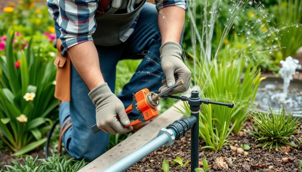 A detailed technical illustration of an irrigation system repair cost guide for the Gauteng region, South Africa. In the foreground, a close-up view of an irrigation valve with a maintenance worker inspecting it, wearing a blue uniform. In the middle ground, a breakdown of repair pricing for common issues like pipe leaks, sprinkler head replacements, and pump repairs, presented in a clear tabular format. The background features a map of the Gauteng province, with major cities like Johannesburg and Pretoria highlighted, conveying the regional scope. The illustration is rendered in a realistic, technical style with careful attention to lighting, shadow, and material textures to create a professional, informative visual aid. A detailed technical illustration of an irrigation system repair cost guide for the Gauteng region, South Africa. In the foreground, a close-up view of an irrigation valve with a maintenance worker inspecting it, wearing a blue uniform. In the middle ground, a breakdown of repair pricing for common issues like pipe leaks, sprinkler head replacements, and pump repairs, presented in a clear tabular format. The background features a map of the Gauteng province, with major cities like Johannesburg and Pretoria highlighted, conveying the regional scope. The illustration is rendered in a realistic, technical style with careful attention to lighting, shadow, and material textures to create a professional, informative visual aid.