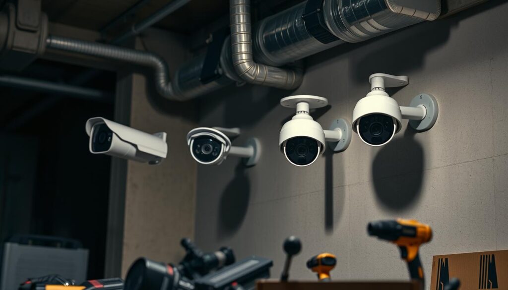 A dimly lit industrial workspace with a focus on four high-definition CCTV cameras mounted on the wall. The cameras have sleek, modern designs and are angled to provide comprehensive coverage. Subtle shadows cast by the cameras suggest careful positioning and installation. In the foreground, various tools and equipment allude to the technical expertise required for proper CCTV setup. The background features a muted color palette, emphasizing the cameras as the central visual elements. The overall scene conveys a sense of security, professionalism, and attention to detail in the CCTV installation process. A dimly lit industrial workspace with a focus on four high-definition CCTV cameras mounted on the wall. The cameras have sleek, modern designs and are angled to provide comprehensive coverage. Subtle shadows cast by the cameras suggest careful positioning and installation. In the foreground, various tools and equipment allude to the technical expertise required for proper CCTV setup. The background features a muted color palette, emphasizing the cameras as the central visual elements. The overall scene conveys a sense of security, professionalism, and attention to detail in the CCTV installation process.