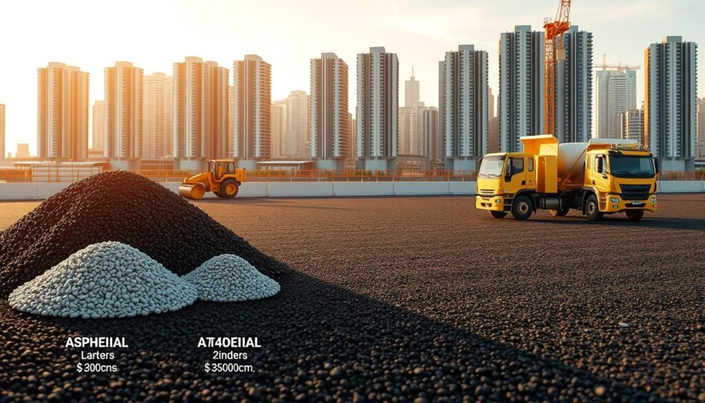 A highly detailed, technical illustration showcasing the essential factors affecting tar surfacing costs. In the foreground, a breakdown of the material components - asphalt, aggregate, binders - with their relative proportions and costs. In the middle ground, construction equipment like pavers, rollers, and trucks, highlighting the labor and machinery expenses. In the background, a cityscape of high-rise buildings, representing the geographical location and varying terrain that can impact transportation and access costs. The scene is lit with a warm, golden hue to convey a sense of practicality and professionalism. The overall composition emphasizes the complex interplay of material, labor, and logistical factors that determine the final tar surfacing price per square meter. A highly detailed, technical illustration showcasing the essential factors affecting tar surfacing costs. In the foreground, a breakdown of the material components - asphalt, aggregate, binders - with their relative proportions and costs. In the middle ground, construction equipment like pavers, rollers, and trucks, highlighting the labor and machinery expenses. In the background, a cityscape of high-rise buildings, representing the geographical location and varying terrain that can impact transportation and access costs. The scene is lit with a warm, golden hue to convey a sense of practicality and professionalism. The overall composition emphasizes the complex interplay of material, labor, and logistical factors that determine the final tar surfacing price per square meter.
