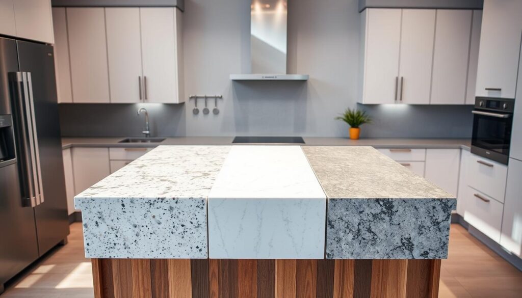 A kitchen countertop comparison in Gauteng, South Africa. A well-lit, modern kitchen scene with three distinct countertop samples displayed side-by-side on a wooden island. The samples showcase different materials like granite, quartz, and engineered stone, highlighting their unique textures and colors. The kitchen features clean, minimalist cabinetry and appliances, creating a sophisticated ambiance. Soft, diffused lighting casts subtle shadows, emphasizing the depth and quality of the countertop surfaces. The overall composition is balanced, inviting the viewer to closely examine the regional pricing variations and obtain accurate replacement cost estimates. A kitchen countertop comparison in Gauteng, South Africa. A well-lit, modern kitchen scene with three distinct countertop samples displayed side-by-side on a wooden island. The samples showcase different materials like granite, quartz, and engineered stone, highlighting their unique textures and colors. The kitchen features clean, minimalist cabinetry and appliances, creating a sophisticated ambiance. Soft, diffused lighting casts subtle shadows, emphasizing the depth and quality of the countertop surfaces. The overall composition is balanced, inviting the viewer to closely examine the regional pricing variations and obtain accurate replacement cost estimates.