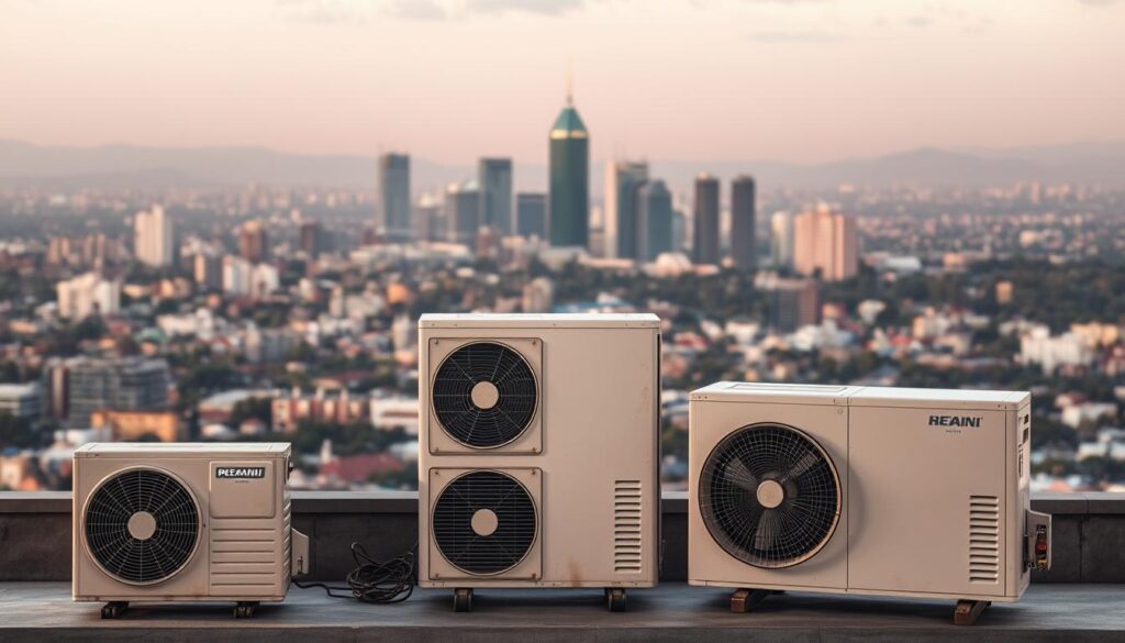 A large city skyline with the Johannesburg, Pretoria, and Benoni city centers in the background, with a central focus on three air conditioning units of varying sizes representing the regional price variations. The units are shown in different states of repair, with one appearing well-maintained, another slightly worn, and the third in disrepair. Soft, warm lighting illuminates the scene, creating a sense of depth and atmosphere. The image should convey the theme of regional differences in air conditioning repair costs within the Gauteng province of South Africa. A large city skyline with the Johannesburg, Pretoria, and Benoni city centers in the background, with a central focus on three air conditioning units of varying sizes representing the regional price variations. The units are shown in different states of repair, with one appearing well-maintained, another slightly worn, and the third in disrepair. Soft, warm lighting illuminates the scene, creating a sense of depth and atmosphere. The image should convey the theme of regional differences in air conditioning repair costs within the Gauteng province of South Africa.