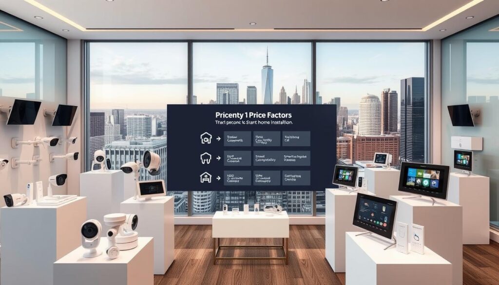 A modern, well-lit security system installation showroom with a sleek, minimalist design. The foreground features an array of security cameras, motion sensors, and smart home control panels showcased on white pedestals. In the middle ground, a large interactive display illustrates the various price factors, such as system components, installation complexity, and smart home integration. The background showcases a panoramic view of a contemporary urban skyline, emphasizing the integration of security technology in modern living. The overall mood is professional, informative, and visually captivating, drawing the viewer's attention to the key pricing considerations for a security system installation.