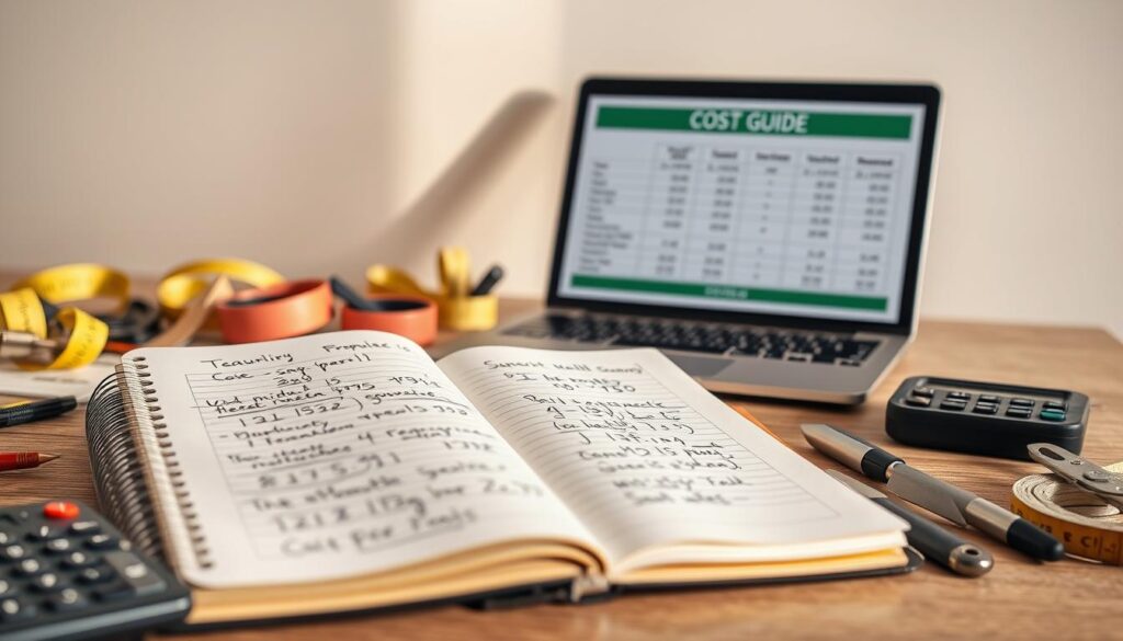 A neatly organized desktop display featuring a detailed cost guide for irrigation system repairs. In the foreground, an open spiral-bound notebook with handwritten notes and calculations, surrounded by a calculator, measuring tape, and various tools. The middle ground showcases a laptop displaying cost breakdowns and repair estimates, set against a soft, neutral background. Subtle natural lighting casts a warm, professional ambiance, highlighting the practical and informative nature of the scene. The overall composition conveys a sense of expert guidance and comprehensive information for maintaining and repairing irrigation systems in the Johannesburg, Pretoria, and Gauteng regions of South Africa. A neatly organized desktop display featuring a detailed cost guide for irrigation system repairs. In the foreground, an open spiral-bound notebook with handwritten notes and calculations, surrounded by a calculator, measuring tape, and various tools. The middle ground showcases a laptop displaying cost breakdowns and repair estimates, set against a soft, neutral background. Subtle natural lighting casts a warm, professional ambiance, highlighting the practical and informative nature of the scene. The overall composition conveys a sense of expert guidance and comprehensive information for maintaining and repairing irrigation systems in the Johannesburg, Pretoria, and Gauteng regions of South Africa.