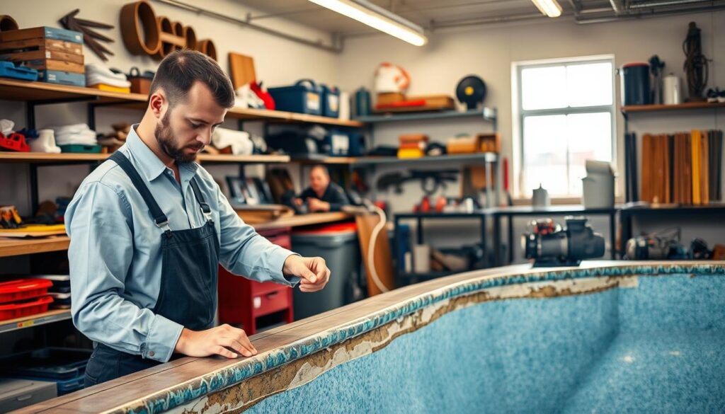 A neatly organized pool repair workshop in South Africa, with various tools and equipment displayed on shelves and workbenches. The scene is well-lit, with a warm, inviting atmosphere created by a combination of natural and soft overhead lighting. In the foreground, a skilled technician is examining a section of damaged pool lining, while in the background, we see a partially disassembled pump and filtration system. The overall impression conveys a sense of professionalism, expertise, and a focus on providing high-quality pool repair services to customers in the local Johannesburg, Sandton, Midrand, and Pretoria regions. A neatly organized pool repair workshop in South Africa, with various tools and equipment displayed on shelves and workbenches. The scene is well-lit, with a warm, inviting atmosphere created by a combination of natural and soft overhead lighting. In the foreground, a skilled technician is examining a section of damaged pool lining, while in the background, we see a partially disassembled pump and filtration system. The overall impression conveys a sense of professionalism, expertise, and a focus on providing high-quality pool repair services to customers in the local Johannesburg, Sandton, Midrand, and Pretoria regions.