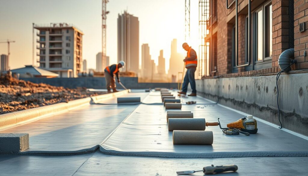 A professional construction site in Gauteng, South Africa, featuring a team of skilled foundation waterproofing specialists at work. The scene is bathed in warm, natural lighting, capturing the intricate process of applying a high-quality waterproofing membrane to the foundation of a residential or commercial building. In the foreground, a worker carefully seals the joints and cracks, ensuring a seamless and durable barrier against water intrusion. The middle ground showcases the team's specialized equipment, including trowels, rollers, and sealants, all meticulously arranged for efficiency. In the background, the towering skyline of Johannesburg or Pretoria serves as a testament to the ongoing construction and development in the Gauteng region. The overall atmosphere conveys a sense of professionalism, attention to detail, and a commitment to providing top-notch foundation waterproofing services to clients in the area. A professional construction site in Gauteng, South Africa, featuring a team of skilled foundation waterproofing specialists at work. The scene is bathed in warm, natural lighting, capturing the intricate process of applying a high-quality waterproofing membrane to the foundation of a residential or commercial building. In the foreground, a worker carefully seals the joints and cracks, ensuring a seamless and durable barrier against water intrusion. The middle ground showcases the team's specialized equipment, including trowels, rollers, and sealants, all meticulously arranged for efficiency. In the background, the towering skyline of Johannesburg or Pretoria serves as a testament to the ongoing construction and development in the Gauteng region. The overall atmosphere conveys a sense of professionalism, attention to detail, and a commitment to providing top-notch foundation waterproofing services to clients in the area.
