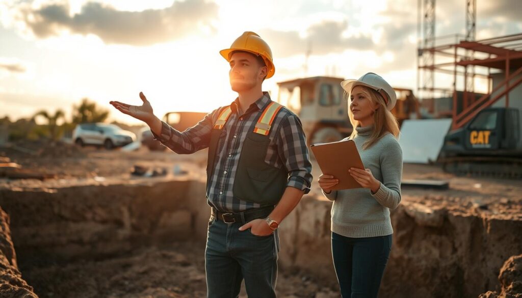 A professional construction worker in a hard hat, standing in a foundation excavation site, consulting with a client while gesturing towards the open ground. The scene is bathed in warm, golden sunlight filtering through a partly cloudy sky, creating a soft, inviting atmosphere. The worker's expression is attentive and engaged, and the client appears to be listening intently, clipboard in hand. The background features various construction equipment and materials, conveying a sense of an active, ongoing project. The composition is balanced, with the figures positioned in the foreground, and the excavation site and equipment creating depth and context in the middle and background. A professional construction worker in a hard hat, standing in a foundation excavation site, consulting with a client while gesturing towards the open ground. The scene is bathed in warm, golden sunlight filtering through a partly cloudy sky, creating a soft, inviting atmosphere. The worker's expression is attentive and engaged, and the client appears to be listening intently, clipboard in hand. The background features various construction equipment and materials, conveying a sense of an active, ongoing project. The composition is balanced, with the figures positioned in the foreground, and the excavation site and equipment creating depth and context in the middle and background.
