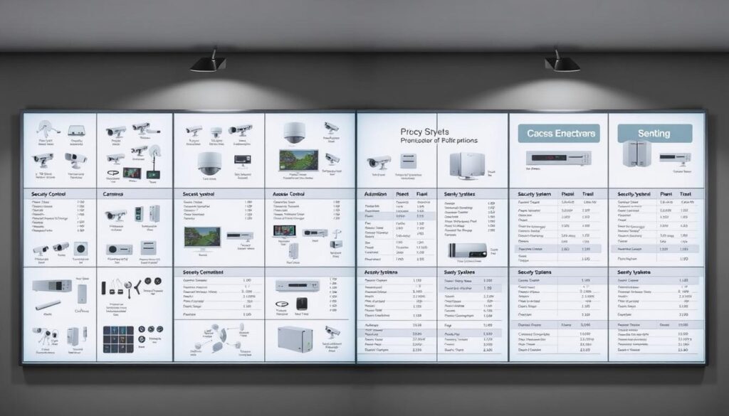 A professional, detailed security system installation price guide showcasing a comprehensive range of security solutions for homes and businesses across Johannesburg, Pretoria, and Gauteng. The image depicts a sleek, minimalist design with a focus on technical specifications and cost breakdowns. Backlit panels display a grid of security system components, ranging from surveillance cameras and alarm systems to access control and automation. The layout is clean and organized, with muted colors and soft lighting to convey a sense of trust and reliability. The image conveys a professional, high-quality aesthetic to match the comprehensive nature of the security solutions on offer.