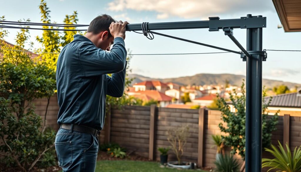 A professional installation process of a washing line in Gauteng, South Africa. The scene depicts a skilled technician meticulously installing a high-quality washing line in a residential backyard. The foreground showcases the technician carefully aligning the line, securing it with precise movements. The middle ground features the washing line structure, constructed with sturdy materials that blend seamlessly into the lush, verdant surroundings. In the background, the vibrant Gauteng landscape unfolds, showcasing the region's distinctive architecture and natural beauty. The lighting is soft and natural, casting a warm, inviting glow over the entire scene. The overall atmosphere conveys a sense of expertise, attention to detail, and the seamless integration of the washing line into the homeowner's outdoor space.