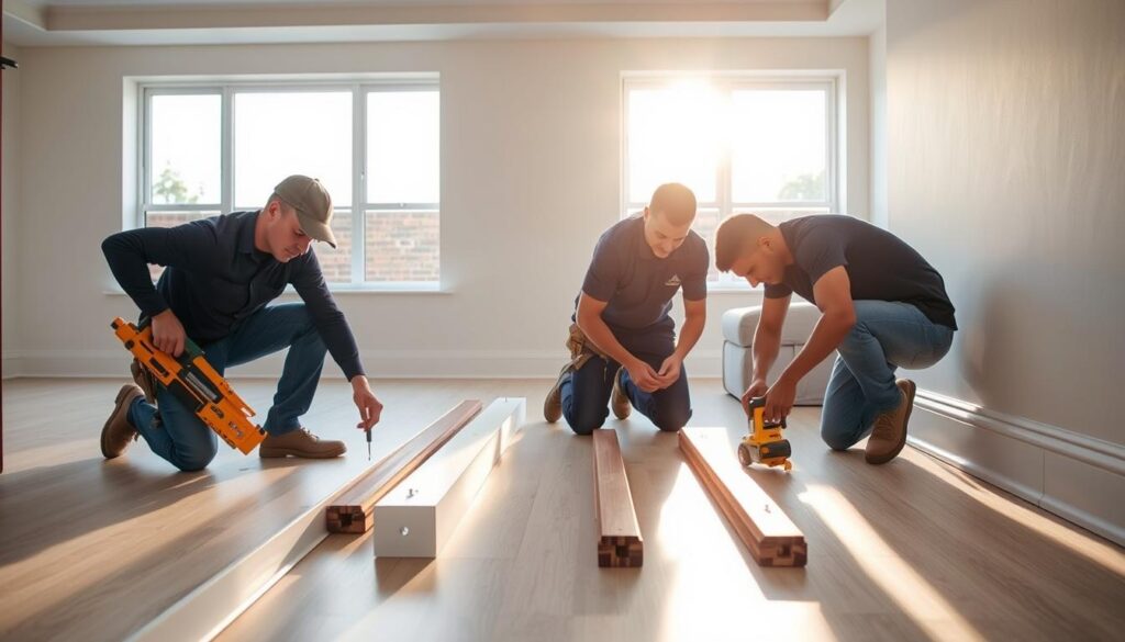 A professional skirting installation service in Gauteng, South Africa. The scene depicts skilled workers expertly installing high-quality skirting boards in a modern, well-lit residential interior. The focus is on the meticulous attention to detail, with the workers using specialized tools and techniques to ensure a seamless, polished finish. The background showcases a spacious, minimalist living room with clean lines and neutral tones, allowing the skirting installation process to take center stage. Warm, natural lighting from large windows casts a soft glow, highlighting the smooth, uniform lines of the skirting boards as they are precisely measured, cut, and secured to the walls. An atmosphere of professionalism and expertise pervades the scene, capturing the high-quality service offered by the Gauteng-based skirting installation team. A professional skirting installation service in Gauteng, South Africa. The scene depicts skilled workers expertly installing high-quality skirting boards in a modern, well-lit residential interior. The focus is on the meticulous attention to detail, with the workers using specialized tools and techniques to ensure a seamless, polished finish. The background showcases a spacious, minimalist living room with clean lines and neutral tones, allowing the skirting installation process to take center stage. Warm, natural lighting from large windows casts a soft glow, highlighting the smooth, uniform lines of the skirting boards as they are precisely measured, cut, and secured to the walls. An atmosphere of professionalism and expertise pervades the scene, capturing the high-quality service offered by the Gauteng-based skirting installation team.