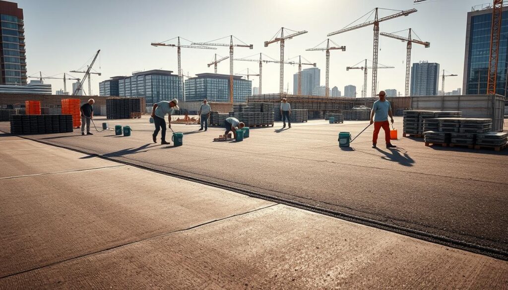 A professional tar surfacing crew working on a large-scale paving project in Gauteng. The foreground shows workers expertly laying and smoothing fresh, glossy black tar with specialized tools and equipment. The middle ground features stacks of tar buckets and pallets of paving stones, conveying the scale and scope of the operation. In the background, modern high-rise buildings and cranes indicate an urban commercial setting. Warm, directional sunlight casts long shadows, creating a sense of depth and dimension. The overall mood is one of skilled craftsmanship, efficient productivity, and a thriving construction industry. A professional tar surfacing crew working on a large-scale paving project in Gauteng. The foreground shows workers expertly laying and smoothing fresh, glossy black tar with specialized tools and equipment. The middle ground features stacks of tar buckets and pallets of paving stones, conveying the scale and scope of the operation. In the background, modern high-rise buildings and cranes indicate an urban commercial setting. Warm, directional sunlight casts long shadows, creating a sense of depth and dimension. The overall mood is one of skilled craftsmanship, efficient productivity, and a thriving construction industry.