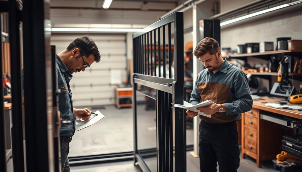 A team of professional electric gate repair specialists meticulously assessing the cost of a repair project. The foreground depicts the technicians closely examining the gate's mechanisms, taking measurements and making detailed notes. The middle ground showcases the gate itself, a sturdy, modern design with clean lines and a sleek metallic finish. The background features a neatly organized workshop, complete with workbenches, tools, and technical manuals, conveying an atmosphere of expertise and efficiency. Soft, diffused lighting illuminates the scene, casting subtle shadows and highlighting the technicians' focused expressions. The overall mood is one of competence, precision, and a commitment to providing the best value for the customer's electric gate repair needs.