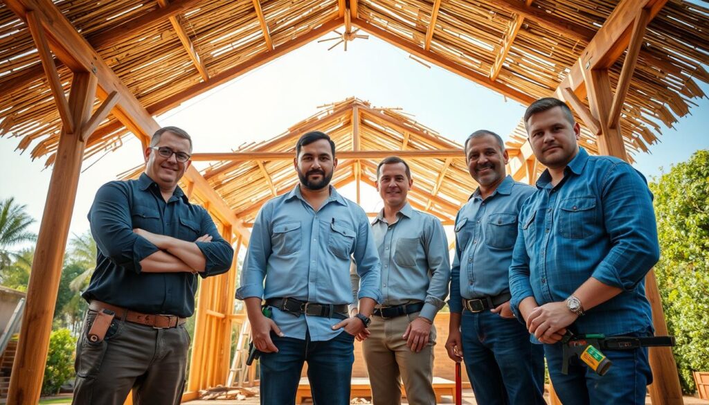 A team of skilled lapa installation specialists standing confidently in a well-lit Gauteng worksite. Carefully selected natural materials like timber and thatch create a warm, rustic ambiance. The specialists wear professional attire and use high-quality tools, conveying expertise and attention to detail. The foreground showcases their hands at work, while the middle ground features the partially constructed lapa structure. The background subtly blends lush greenery and a blue sky, establishing a harmonious outdoor setting. This image captures the essence of professional lapa installation services in Gauteng, reflecting the quality and care that homeowners can expect. A team of skilled lapa installation specialists standing confidently in a well-lit Gauteng worksite. Carefully selected natural materials like timber and thatch create a warm, rustic ambiance. The specialists wear professional attire and use high-quality tools, conveying expertise and attention to detail. The foreground showcases their hands at work, while the middle ground features the partially constructed lapa structure. The background subtly blends lush greenery and a blue sky, establishing a harmonious outdoor setting. This image captures the essence of professional lapa installation services in Gauteng, reflecting the quality and care that homeowners can expect.