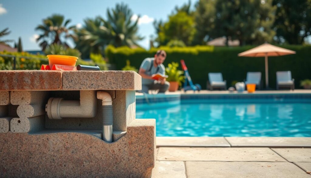 A thoughtful, high-quality image of the factors influencing a gunite pool repair investment. The foreground features a detailed cross-section of a gunite pool structure, highlighting the various components like the concrete shell, rebar, and plumbing. The middle ground depicts a skilled technician closely inspecting the pool for signs of wear and damage, surrounded by specialized tools and repair materials. The background showcases a tranquil outdoor setting with lush greenery and a sunny, inviting atmosphere, suggesting the importance of a well-maintained pool for a pleasant backyard ambiance. The lighting is soft and natural, casting gentle shadows that accentuate the textures and details. The camera angle is slightly elevated, providing a comprehensive view of the scene. The overall mood conveys professionalism, diligence, and the expertise required to ensure a successful gunite pool repair investment.