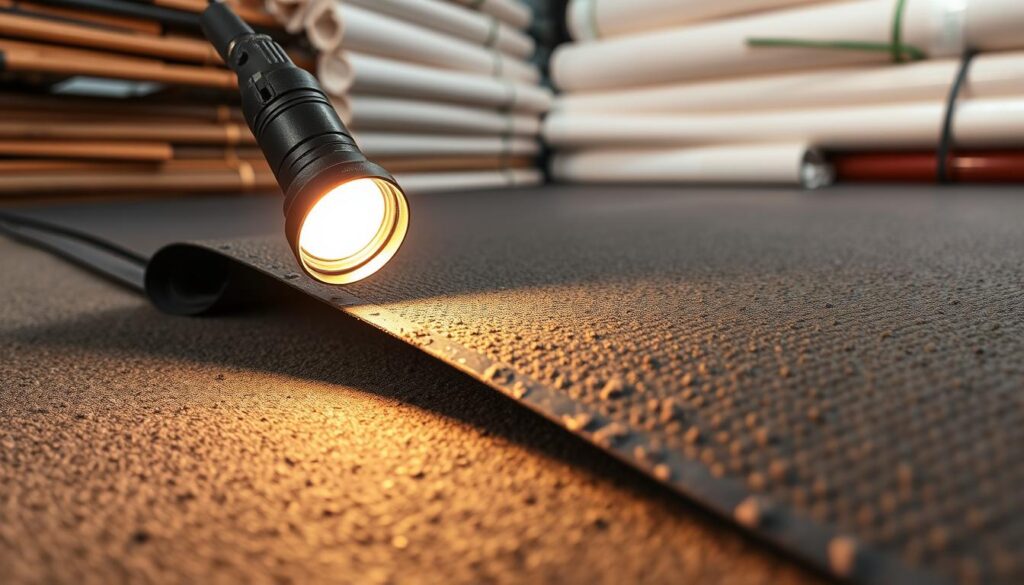 A torch illuminates a textured surface of waterproof membrane, highlighting its durable properties. The scene is set against a backdrop of stacks of rolled waterproofing materials, showcasing the variety of products available. Soft, warm lighting casts subtle shadows, emphasizing the tactile quality of the materials. The composition is balanced, with the torch and waterproofing products taking center stage, conveying a sense of professionalism and attention to detail in the waterproofing process. The overall mood is one of reliability, quality, and expertise in the Gauteng waterproofing market. A torch illuminates a textured surface of waterproof membrane, highlighting its durable properties. The scene is set against a backdrop of stacks of rolled waterproofing materials, showcasing the variety of products available. Soft, warm lighting casts subtle shadows, emphasizing the tactile quality of the materials. The composition is balanced, with the torch and waterproofing products taking center stage, conveying a sense of professionalism and attention to detail in the waterproofing process. The overall mood is one of reliability, quality, and expertise in the Gauteng waterproofing market.