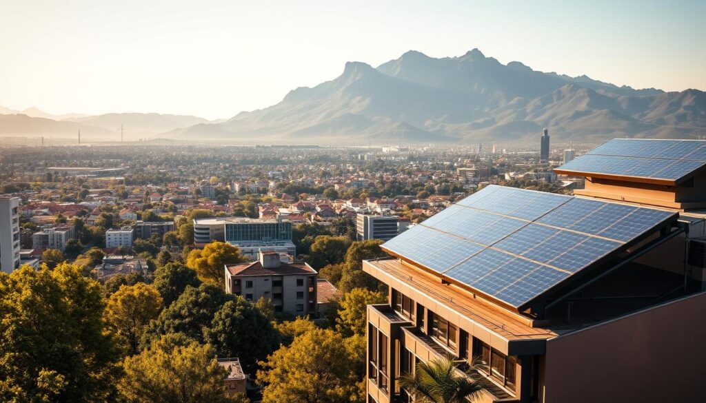 A vibrant landscape showcasing the regional solar installation costs in Johannesburg, Sandton, and Pretoria. In the foreground, sleek solar panels adorn the rooftops of modern, high-rise buildings, casting a warm, renewable glow. The middle ground features lush, verdant foliage and bustling cityscapes, highlighting the urban setting. In the background, the majestic Magaliesberg mountains rise, creating a picturesque backdrop. Soft, directional lighting illuminates the scene, casting subtle shadows and highlighting the intricate details of the solar panels. The overall composition conveys a sense of progress, sustainability, and the thriving solar energy industry in the Gauteng province. A vibrant landscape showcasing the regional solar installation costs in Johannesburg, Sandton, and Pretoria. In the foreground, sleek solar panels adorn the rooftops of modern, high-rise buildings, casting a warm, renewable glow. The middle ground features lush, verdant foliage and bustling cityscapes, highlighting the urban setting. In the background, the majestic Magaliesberg mountains rise, creating a picturesque backdrop. Soft, directional lighting illuminates the scene, casting subtle shadows and highlighting the intricate details of the solar panels. The overall composition conveys a sense of progress, sustainability, and the thriving solar energy industry in the Gauteng province.