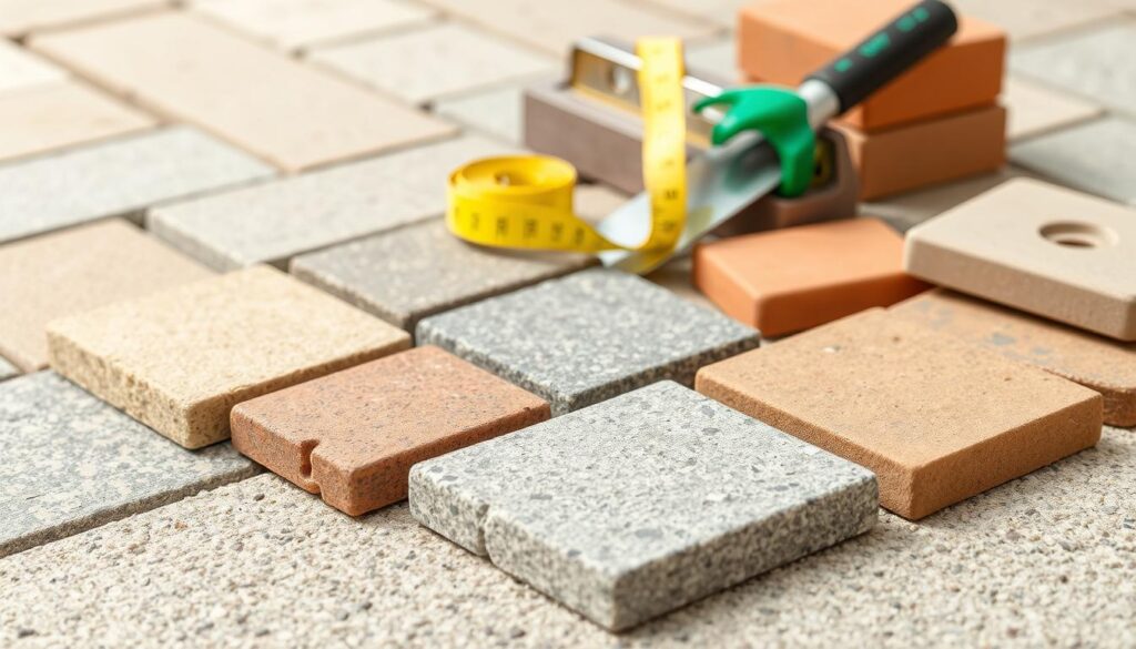 A well-lit, close-up view of various paving materials and installation tools arranged on a clean, textured surface. The foreground showcases different types of paving stones, bricks, and pavers in a range of natural colors and patterns. The middle ground features tools such as a trowel, level, and measuring tape, highlighting the technical aspects of the installation process. The background is slightly blurred, creating a sense of depth and focus on the key elements. The overall composition conveys a professional, informative, and visually appealing aesthetic suitable for an article on paving cost factors in South Africa.