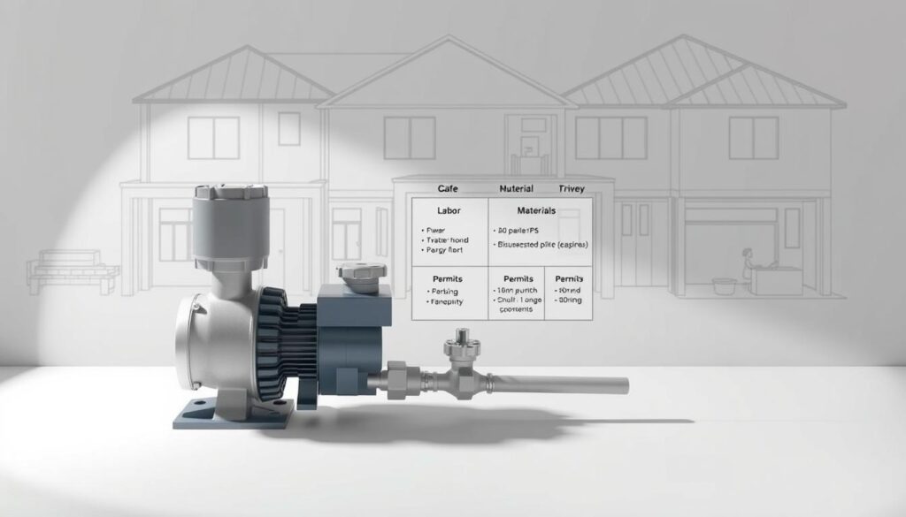 A well-lit, detailed diagram showcasing the key factors affecting booster pump installation cost in South Africa. In the foreground, prominent technical components like the pump, pipes, and valves. In the middle ground, a breakdown of cost drivers like labor, materials, and permits. In the background, an architectural blueprint-style rendering of a residential or commercial building setting. Minimal shadows and highlights to emphasize the technical details. A neutral, informative tone conveying the essential information needed to understand the cost considerations for booster pump installation.