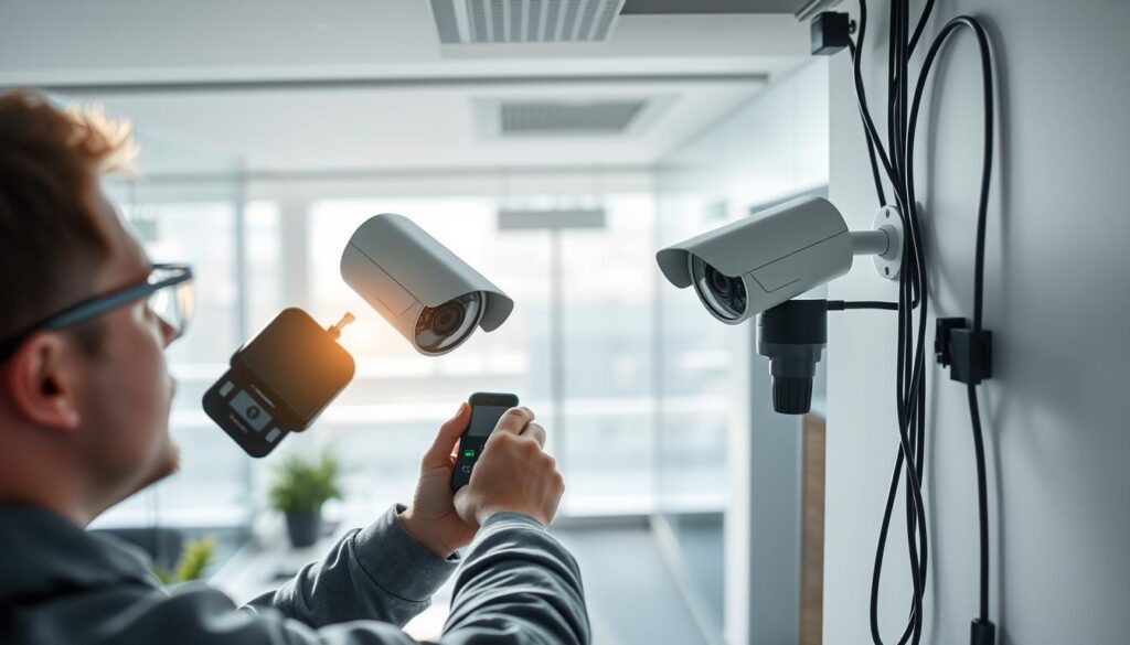 A well-lit, high-angle view of a CCTV installation process in a modern commercial setting. In the foreground, a technician carefully adjusts the positioning and angle of a CCTV camera mounted on a wall, taking precise measurements with a digital tool. The middle ground showcases the necessary cables, connectors, and power sources required for the setup. In the background, a clean, minimalist office environment with large windows provides natural lighting and a sense of professionalism. The overall atmosphere conveys the technical expertise and attention to detail involved in optimizing CCTV installation costs for a high-quality, reliable security system. A well-lit, high-angle view of a CCTV installation process in a modern commercial setting. In the foreground, a technician carefully adjusts the positioning and angle of a CCTV camera mounted on a wall, taking precise measurements with a digital tool. The middle ground showcases the necessary cables, connectors, and power sources required for the setup. In the background, a clean, minimalist office environment with large windows provides natural lighting and a sense of professionalism. The overall atmosphere conveys the technical expertise and attention to detail involved in optimizing CCTV installation costs for a high-quality, reliable security system.
