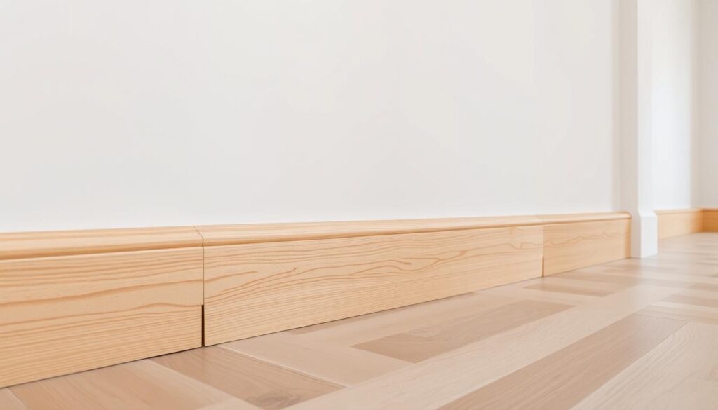 A well-lit, high-angle view of a partially installed skirting board against a clean, minimalist interior wall. The skirting board is made of a warm, natural wood grain material, and the installation process is in progress, showcasing the various components like adhesive, corner joints, and anchoring hardware. The foreground highlights the skirting board's profile and the steps required for a professional-looking installation. The middle ground shows the wall, floor, and other architectural details that impact the overall cost, such as room size, wall material, and floor type. The background suggests a modern, uncluttered living space to emphasize the importance of skirting board aesthetics in South African homes. The lighting is soft and diffused, creating an inviting atmosphere that showcases the skirting board's quality and the installer's attention to detail.