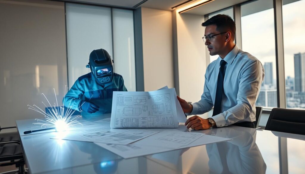 A well-lit, modern office interior featuring a businessperson in a white shirt and tie consulting with a welder wearing protective gear. The welder gestures towards an array of detailed technical diagrams and blueprints laid out on a sleek conference table. Soft, directional lighting creates a professional atmosphere, while the background showcases an expansive window view of a cityscape skyline. The overall scene conveys a collaborative, consultative process between the client and the welding expert.