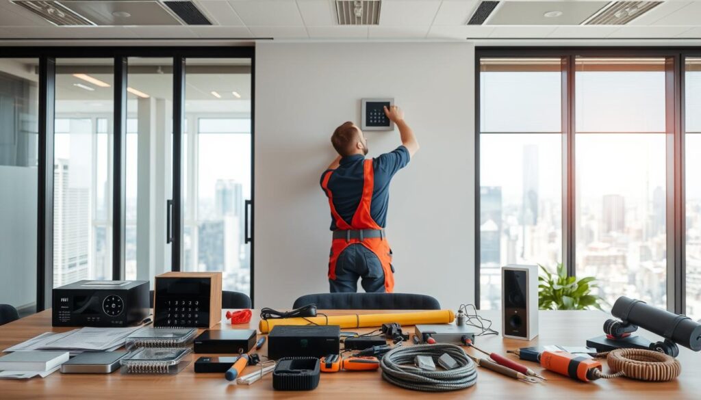 A well-lit modern office interior, with a desk in the foreground showcasing a variety of intercom system components and installation tools. In the middle ground, a technician installs an intercom panel on the wall, meticulously connecting wires and adjusting the placement. The background features a city skyline through large windows, hinting at the urban setting and potential factors affecting the installation price, such as labor costs, transportation, and material availability. The scene conveys a sense of precision, professionalism, and attention to detail in the intercom installation process. A well-lit modern office interior, with a desk in the foreground showcasing a variety of intercom system components and installation tools. In the middle ground, a technician installs an intercom panel on the wall, meticulously connecting wires and adjusting the placement. The background features a city skyline through large windows, hinting at the urban setting and potential factors affecting the installation price, such as labor costs, transportation, and material availability. The scene conveys a sense of precision, professionalism, and attention to detail in the intercom installation process.