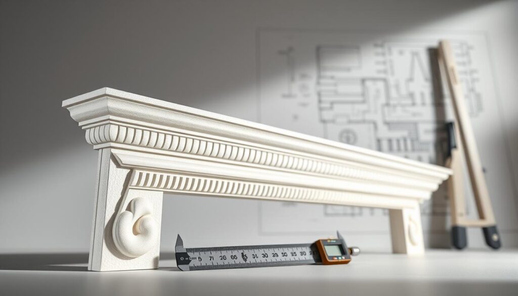 A well-lit studio setting showcasing a detailed 3D model of a decorative cornice. The foreground features the cornice in crisp detail, highlighting its intricate molding patterns and textured finish. The middle ground displays a ruler and caliper, indicating precise measurement tools used in the installation process. The background subtly reveals an architectural blueprint, hinting at the broader context of the cornice's integration into a larger construction project. Soft, directional lighting casts subtle shadows, emphasizing the depth and dimensionality of the scene. The overall mood is one of professional expertise, highlighting the technical considerations and attention to detail involved in cornice installation. A well-lit studio setting showcasing a detailed 3D model of a decorative cornice. The foreground features the cornice in crisp detail, highlighting its intricate molding patterns and textured finish. The middle ground displays a ruler and caliper, indicating precise measurement tools used in the installation process. The background subtly reveals an architectural blueprint, hinting at the broader context of the cornice's integration into a larger construction project. Soft, directional lighting casts subtle shadows, emphasizing the depth and dimensionality of the scene. The overall mood is one of professional expertise, highlighting the technical considerations and attention to detail involved in cornice installation.