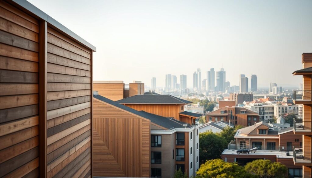 A wide, panoramic view of various timber cladding installations in the Gauteng province, showcasing the diverse range of regional cost variations. The foreground features a close-up of a modern, expertly installed timber facade, with clean lines and a warm, natural aesthetic. The middle ground reveals a mix of residential and commercial buildings, each with subtly different cladding styles and finishes, indicating the influence of local material availability and construction techniques. In the background, the skyline of Johannesburg, Sandton, and Pretoria creates a recognizable urban setting, highlighting the geographic context. The scene is bathed in soft, diffused lighting, creating a serene, documentary-style atmosphere that emphasizes the practical and aesthetic considerations of timber cladding installations across the region. A wide, panoramic view of various timber cladding installations in the Gauteng province, showcasing the diverse range of regional cost variations. The foreground features a close-up of a modern, expertly installed timber facade, with clean lines and a warm, natural aesthetic. The middle ground reveals a mix of residential and commercial buildings, each with subtly different cladding styles and finishes, indicating the influence of local material availability and construction techniques. In the background, the skyline of Johannesburg, Sandton, and Pretoria creates a recognizable urban setting, highlighting the geographic context. The scene is bathed in soft, diffused lighting, creating a serene, documentary-style atmosphere that emphasizes the practical and aesthetic considerations of timber cladding installations across the region.