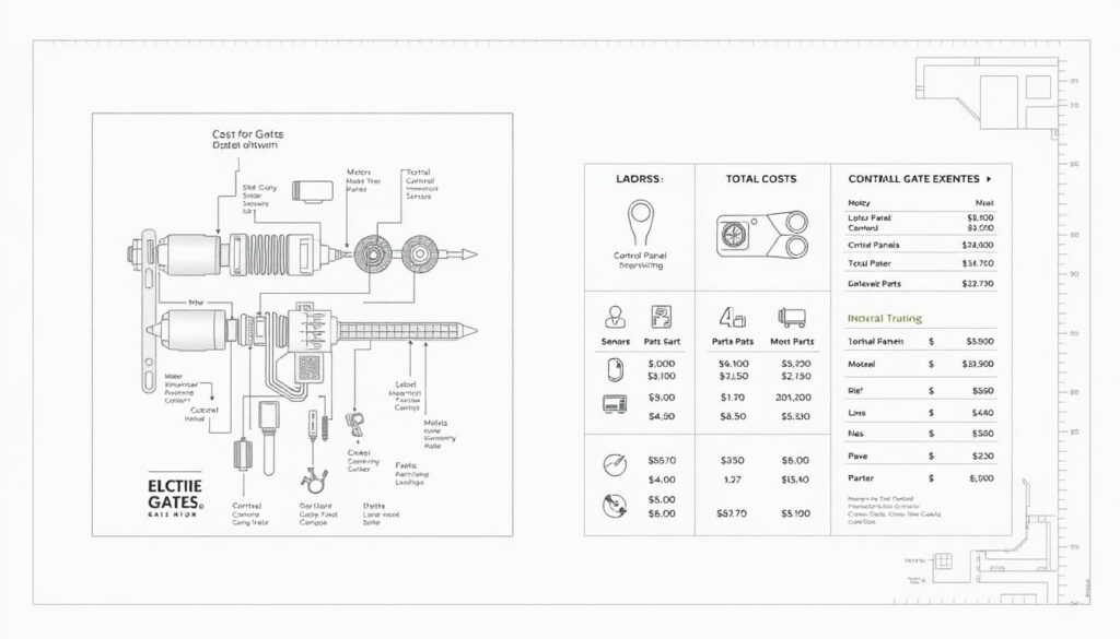 An detailed overhead view of a comprehensive cost breakdown for electric gate repair, presented on a clean white background. In the foreground, a detailed schematic diagram highlighting the various components and their associated costs, including motors, control panels, sensors, and wiring. The middle ground showcases a set of icons and infographics conveying labor, parts, and total costs, all arranged in a clear, structured layout. The background features a subtle technical blueprint-style grid, lending an authoritative, professional atmosphere. Crisp, even lighting accentuates the precision and clarity of the visual information. The overall tone is informative, practical, and designed to provide a clear, data-driven understanding of electric gate repair expenses.
