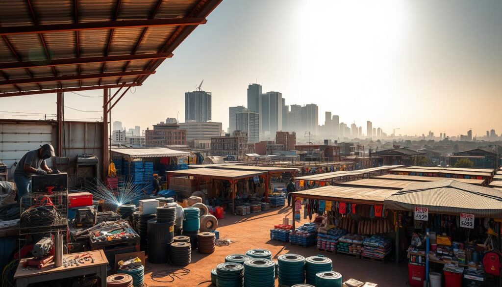 An expansive market scene featuring a large welding workshop in the foreground, with skilled technicians operating various welding equipment. In the middle ground, a bustling open-air market with stalls displaying a diverse array of welding supplies, tools, and equipment, their prices clearly visible. The background showcases the vibrant urban landscape of Johannesburg, with towering skyscrapers and a hazy, sun-drenched sky. The overall atmosphere conveys the dynamic and thriving nature of the South African welding industry, with a focus on the competitive pricing and wide selection available to consumers.