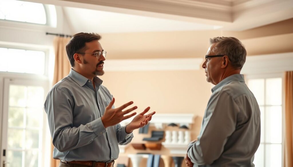 An expert in professional cornice installation stands before a prospective client, engaged in a serious consultation. The foreground features the installer in a crisp, collared shirt, gesturing with hands while discussing detailed pricing options. The middle ground showcases samples of various cornice styles and materials, allowing the client to visualize the possibilities. The background depicts a warm, sunlit room, suggesting a high-end residential setting. Soft, directional lighting accentuates the scene, creating a sense of authority and trust. The overall mood conveys a collaborative, consultative atmosphere as the expert guides the client through the cornice installation process and associated costs. An expert in professional cornice installation stands before a prospective client, engaged in a serious consultation. The foreground features the installer in a crisp, collared shirt, gesturing with hands while discussing detailed pricing options. The middle ground showcases samples of various cornice styles and materials, allowing the client to visualize the possibilities. The background depicts a warm, sunlit room, suggesting a high-end residential setting. Soft, directional lighting accentuates the scene, creating a sense of authority and trust. The overall mood conveys a collaborative, consultative atmosphere as the expert guides the client through the cornice installation process and associated costs.