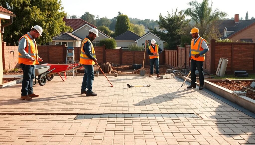 An outdoor scene of a construction site with workers in hard hats and high-visibility vests assessing a new paving installation. The foreground shows the unfinished paved surface, with tiles or bricks laid in a professional, uniform pattern. The middle ground features construction equipment like wheelbarrows, shovels, and measuring tools. The background depicts a suburban neighborhood with houses and trees, conveying a residential setting. The lighting is natural, with warm, soft shadows casting across the scene. The overall mood is one of professional assessment and diligent workmanship, capturing the process of getting the best paving quote from builders in Gauteng.