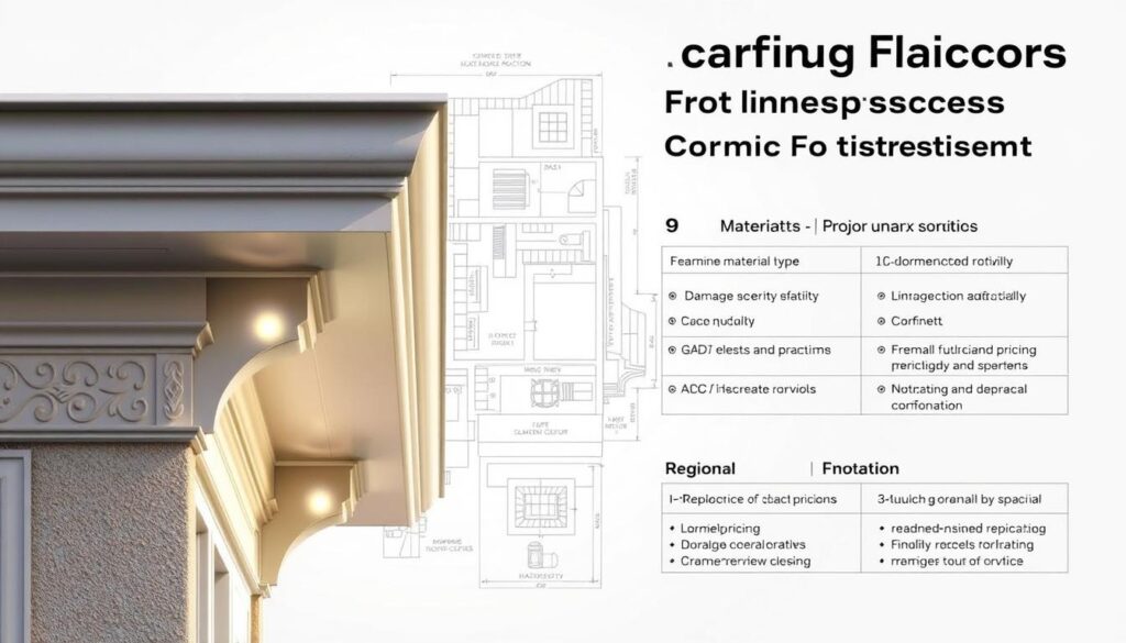 Cornice repair pricing factors assessment: a detailed architectural rendering showcasing a well-lit, expertly-crafted cornice structure in the foreground, with a technical blueprint-style layout in the middle ground, and a soft, neutral background highlighting the key considerations for determining cornice repair costs, such as material type, damage severity, labor requirements, and regional pricing variations. The scene should convey a sense of precision, professionalism, and valuable insights for homeowners and contractors seeking to understand the nuances of cornice repair pricing. Cornice repair pricing factors assessment: a detailed architectural rendering showcasing a well-lit, expertly-crafted cornice structure in the foreground, with a technical blueprint-style layout in the middle ground, and a soft, neutral background highlighting the key considerations for determining cornice repair costs, such as material type, damage severity, labor requirements, and regional pricing variations. The scene should convey a sense of precision, professionalism, and valuable insights for homeowners and contractors seeking to understand the nuances of cornice repair pricing.