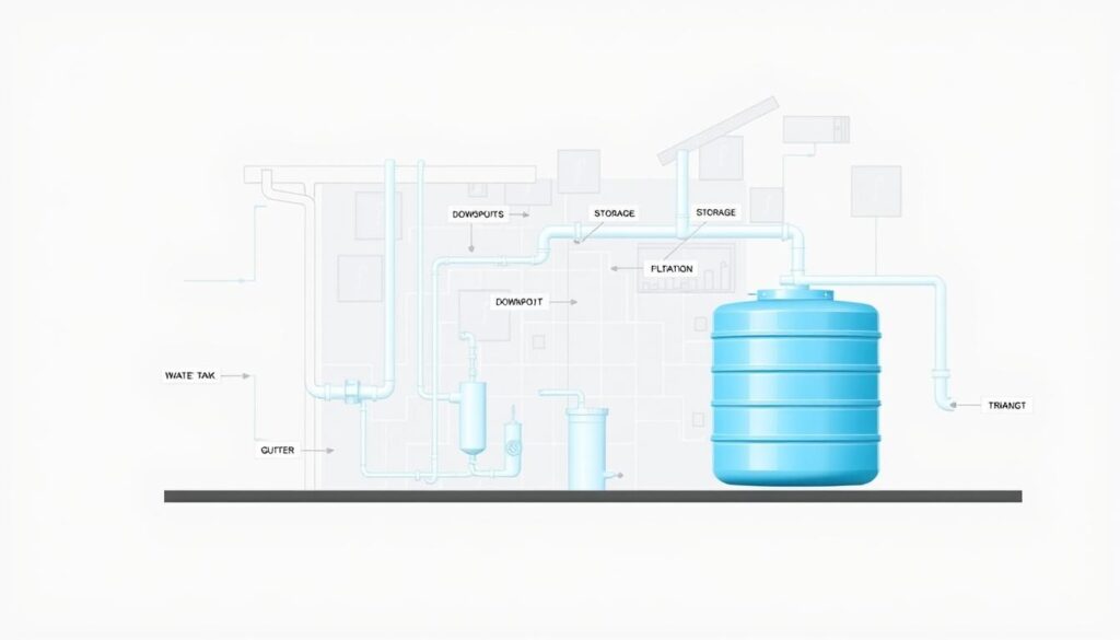 Detailed breakdown of a comprehensive rainwater harvesting system for South African markets, showcased in a technical diagram. Foreground displays labeled components like gutters, downspouts, storage tank, and filtration units. Middle ground depicts the overall system layout, with clean lines and a minimalist aesthetic. Background features a subtle blueprint-style pattern, conveying the engineering principles behind the design. Lighting is soft and evenly distributed, creating a crisp, informative tone. Camera angle is slightly elevated to provide a clear, unobstructed view of the complete system. The overall mood is one of precise, practical functionality suitable for a professional article on rainwater harvesting costs.