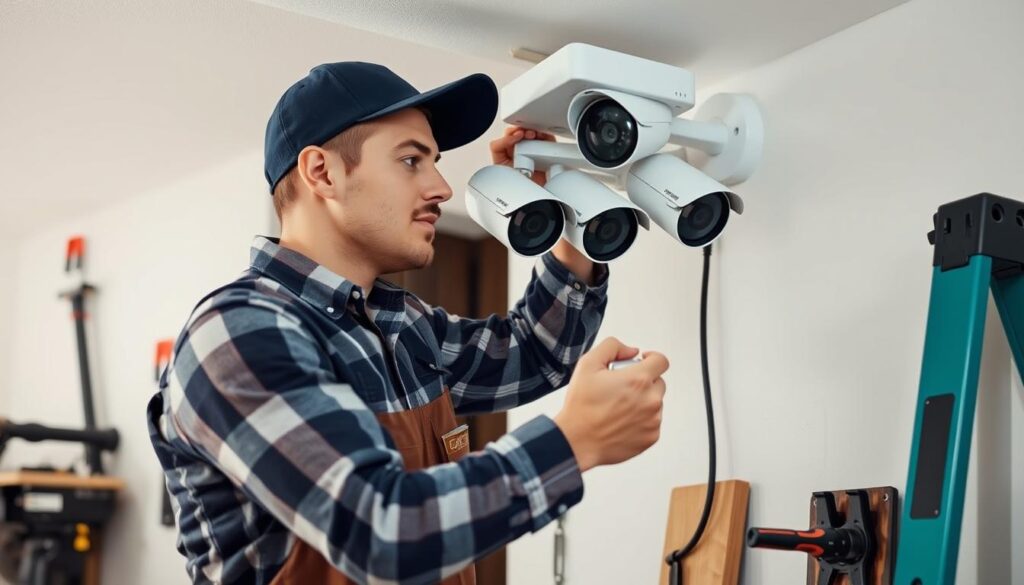 Detailed breakdown of a professional 4-camera CCTV security system installation, showcasing the individual components and their respective costs. The image depicts a clean, minimalist layout with a light, airy feel. The foreground features the 4 CCTV cameras in various angles and sizes, highlighting their technical specifications. The middle ground displays the individual price tags for each camera, cabling, and installation labor. The background showcases a subtle grid or graph, providing visual context for the cost analysis. Lighting is soft and natural, conveying a sense of clarity and precision. The overall composition aims to inform and educate the viewer on the comprehensive pricing structure for a comprehensive 4-camera surveillance setup. Detailed breakdown of a professional 4-camera CCTV security system installation, showcasing the individual components and their respective costs. The image depicts a clean, minimalist layout with a light, airy feel. The foreground features the 4 CCTV cameras in various angles and sizes, highlighting their technical specifications. The middle ground displays the individual price tags for each camera, cabling, and installation labor. The background showcases a subtle grid or graph, providing visual context for the cost analysis. Lighting is soft and natural, conveying a sense of clarity and precision. The overall composition aims to inform and educate the viewer on the comprehensive pricing structure for a comprehensive 4-camera surveillance setup.
