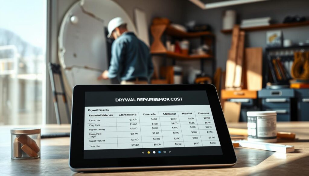 Detailed drywall repair cost assessment in a well-lit, photorealistic office setting. The foreground features a tablet display showcasing a breakdown of labor, materials, and additional costs associated with drywall repair. The middle ground shows a contractor examining the damaged drywall, with tools and supplies visible. The background depicts a neatly organized workspace with shelves, cabinets, and various construction-related paraphernalia. The lighting is natural and directional, creating subtle shadows and highlights that enhance the realistic feel. The overall atmosphere conveys a professional, analytical approach to evaluating the expenses involved in drywall repair. Detailed drywall repair cost assessment in a well-lit, photorealistic office setting. The foreground features a tablet display showcasing a breakdown of labor, materials, and additional costs associated with drywall repair. The middle ground shows a contractor examining the damaged drywall, with tools and supplies visible. The background depicts a neatly organized workspace with shelves, cabinets, and various construction-related paraphernalia. The lighting is natural and directional, creating subtle shadows and highlights that enhance the realistic feel. The overall atmosphere conveys a professional, analytical approach to evaluating the expenses involved in drywall repair.