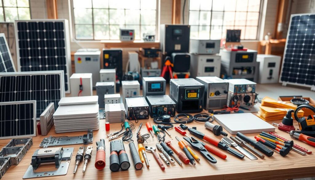 High-quality image of a well-lit solar panel installation equipment selection, showcasing various tools and components used in the solar system installation process. The foreground features an assortment of solar panel mounting brackets, wiring connectors, and hand tools arranged neatly on a clean, wooden workbench. The middle ground displays a diverse range of solar inverters, charge controllers, and other electrical components, all positioned in an organized manner. The background depicts a spacious, airy workshop setting with large windows allowing natural sunlight to flood the scene, creating a warm, productive atmosphere. The overall composition emphasizes the importance of proper equipment selection and organization in achieving a successful solar system installation. High-quality image of a well-lit solar panel installation equipment selection, showcasing various tools and components used in the solar system installation process. The foreground features an assortment of solar panel mounting brackets, wiring connectors, and hand tools arranged neatly on a clean, wooden workbench. The middle ground displays a diverse range of solar inverters, charge controllers, and other electrical components, all positioned in an organized manner. The background depicts a spacious, airy workshop setting with large windows allowing natural sunlight to flood the scene, creating a warm, productive atmosphere. The overall composition emphasizes the importance of proper equipment selection and organization in achieving a successful solar system installation.
