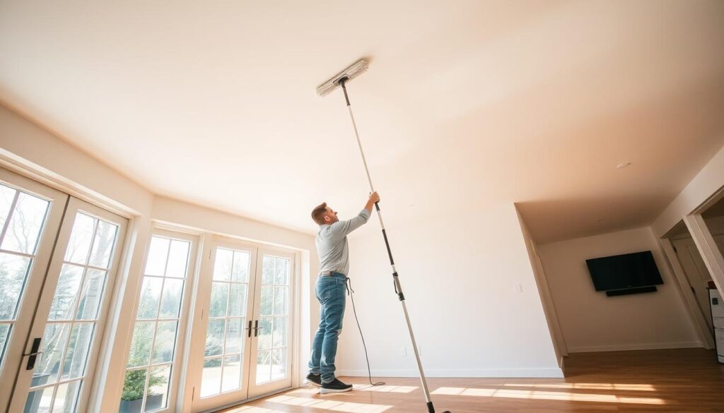residential ceiling cleaning cost, a detailed interior scene showing a person cleaning a high ceiling with a telescoping pole and microfiber mop, bright natural lighting streaming in through large windows, warm wooden floors, modern minimalist decor, clean and crisp atmosphere, high-quality materials and equipment, focus on the cleaning process, overall sense of professionalism and attention to detail