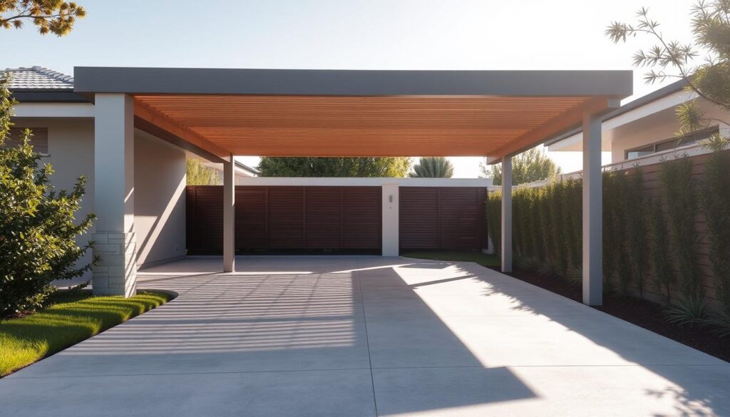A carport driveway, partially covered by a well-designed shade structure. The sun-dappled carport features a clean, modern architecture with sleek lines and a minimalist aesthetic. The shade is composed of slatted wood panels that filter the light, creating a warm and inviting atmosphere. The driveway leading up to the carport is made of smooth, paved concrete, flanked by neatly manicured landscaping. Soft shadows dance across the scene, highlighting the interplay of light and shade. The overall composition evokes a sense of tranquility and functionality, perfectly suited for a residential setting. A carport driveway, partially covered by a well-designed shade structure. The sun-dappled carport features a clean, modern architecture with sleek lines and a minimalist aesthetic. The shade is composed of slatted wood panels that filter the light, creating a warm and inviting atmosphere. The driveway leading up to the carport is made of smooth, paved concrete, flanked by neatly manicured landscaping. Soft shadows dance across the scene, highlighting the interplay of light and shade. The overall composition evokes a sense of tranquility and functionality, perfectly suited for a residential setting.