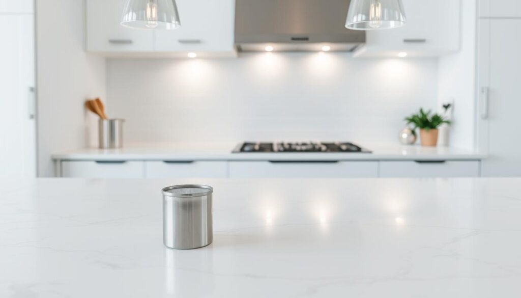 A clean, well-lit kitchen interior showcasing a stunning quartz countertop. The countertop surface is a pristine white with subtle gray veining, reflecting the soft lighting from overhead pendants. The quartz appears smooth and polished, creating a sleek, contemporary aesthetic. The countertop seamlessly transitions into the kitchen's backsplash, which features a complementary tile pattern. In the foreground, a few kitchen essentials, such as a stainless steel utensil holder and a plant, add a touch of warmth and functionality to the space. The overall scene conveys a sense of sophistication, practicality, and the high-quality craftsmanship of the quartz countertop. A clean, well-lit kitchen interior showcasing a stunning quartz countertop. The countertop surface is a pristine white with subtle gray veining, reflecting the soft lighting from overhead pendants. The quartz appears smooth and polished, creating a sleek, contemporary aesthetic. The countertop seamlessly transitions into the kitchen's backsplash, which features a complementary tile pattern. In the foreground, a few kitchen essentials, such as a stainless steel utensil holder and a plant, add a touch of warmth and functionality to the space. The overall scene conveys a sense of sophistication, practicality, and the high-quality craftsmanship of the quartz countertop.