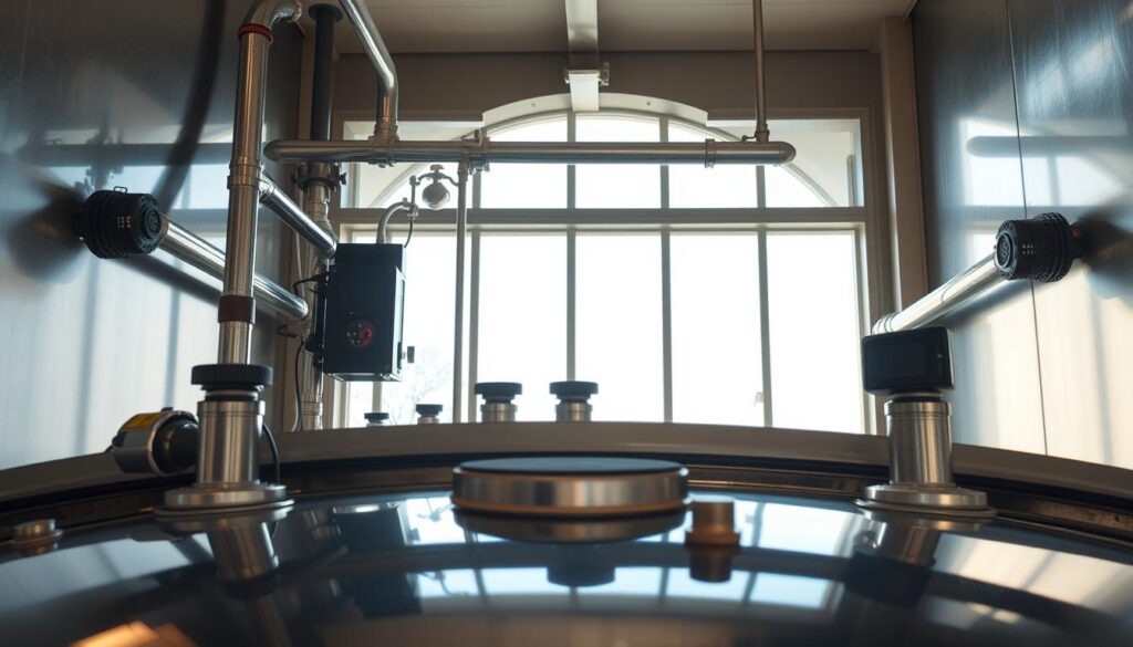 A close-up view of a water tank's internal maintenance mechanisms, illuminated by soft natural lighting filtering through a large window. The scene depicts the intricate system of pipes, valves, and monitoring devices that ensure the long-term performance and durability of the tank. The polished metal surfaces reflect the surrounding environment, creating a sense of order and precision. The overall atmosphere conveys a feeling of reliability and attention to detail, perfectly suited to illustrate the "Maintenance, durability and long-term performance" section of the article on Jojo tank installations. A close-up view of a water tank's internal maintenance mechanisms, illuminated by soft natural lighting filtering through a large window. The scene depicts the intricate system of pipes, valves, and monitoring devices that ensure the long-term performance and durability of the tank. The polished metal surfaces reflect the surrounding environment, creating a sense of order and precision. The overall atmosphere conveys a feeling of reliability and attention to detail, perfectly suited to illustrate the "Maintenance, durability and long-term performance" section of the article on Jojo tank installations.