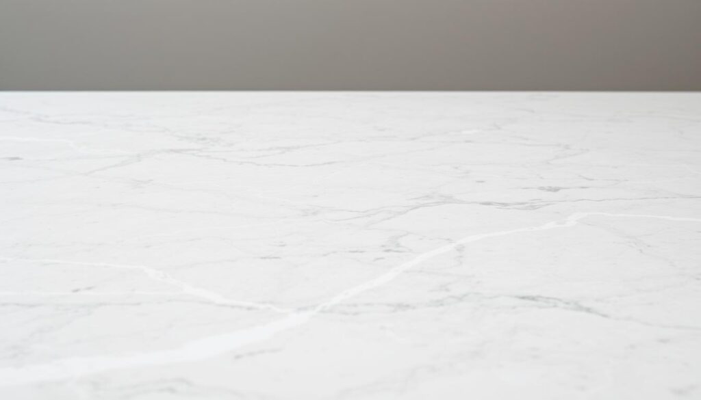 A detailed close-up view of a pristine, highly reflective quartz surface. The quartz slab is lit from above, creating a soft, even illumination that highlights the material's natural translucency and intricate crystalline structure. The surface appears smooth and polished, with subtle veining and variations in tone that add depth and visual interest. The background is a minimalist, neutral setting, allowing the quartz to take center stage and showcase its elegant, sophisticated aesthetic. The overall composition emphasizes the material's high-end, premium quality, making it an ideal choice for a luxurious kitchen or bathroom countertop. A detailed close-up view of a pristine, highly reflective quartz surface. The quartz slab is lit from above, creating a soft, even illumination that highlights the material's natural translucency and intricate crystalline structure. The surface appears smooth and polished, with subtle veining and variations in tone that add depth and visual interest. The background is a minimalist, neutral setting, allowing the quartz to take center stage and showcase its elegant, sophisticated aesthetic. The overall composition emphasizes the material's high-end, premium quality, making it an ideal choice for a luxurious kitchen or bathroom countertop.