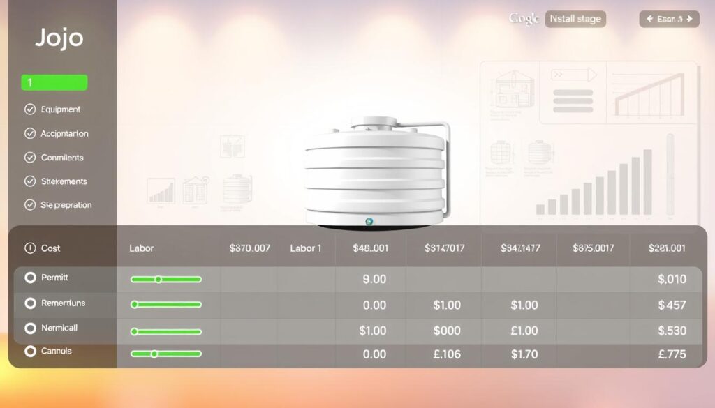 A detailed cost breakdown showing the various factors that affect the installation cost of a Jojo tank, displayed on a sleek, modern dashboard-style interface. The foreground features an array of interactive sliders and toggles representing different cost elements like equipment, labor, permits, and site preparation. The middle ground showcases a 3D model of a Jojo tank against a clean, minimalist backdrop. The background blends a subtle grid pattern with technical diagrams and schematics, conveying a sense of precision and professionalism. Warm, balanced lighting creates depth and highlights the key information. The overall aesthetic is polished and informative, reflecting the expertise of Jojo tank installation services. A detailed cost breakdown showing the various factors that affect the installation cost of a Jojo tank, displayed on a sleek, modern dashboard-style interface. The foreground features an array of interactive sliders and toggles representing different cost elements like equipment, labor, permits, and site preparation. The middle ground showcases a 3D model of a Jojo tank against a clean, minimalist backdrop. The background blends a subtle grid pattern with technical diagrams and schematics, conveying a sense of precision and professionalism. Warm, balanced lighting creates depth and highlights the key information. The overall aesthetic is polished and informative, reflecting the expertise of Jojo tank installation services.
