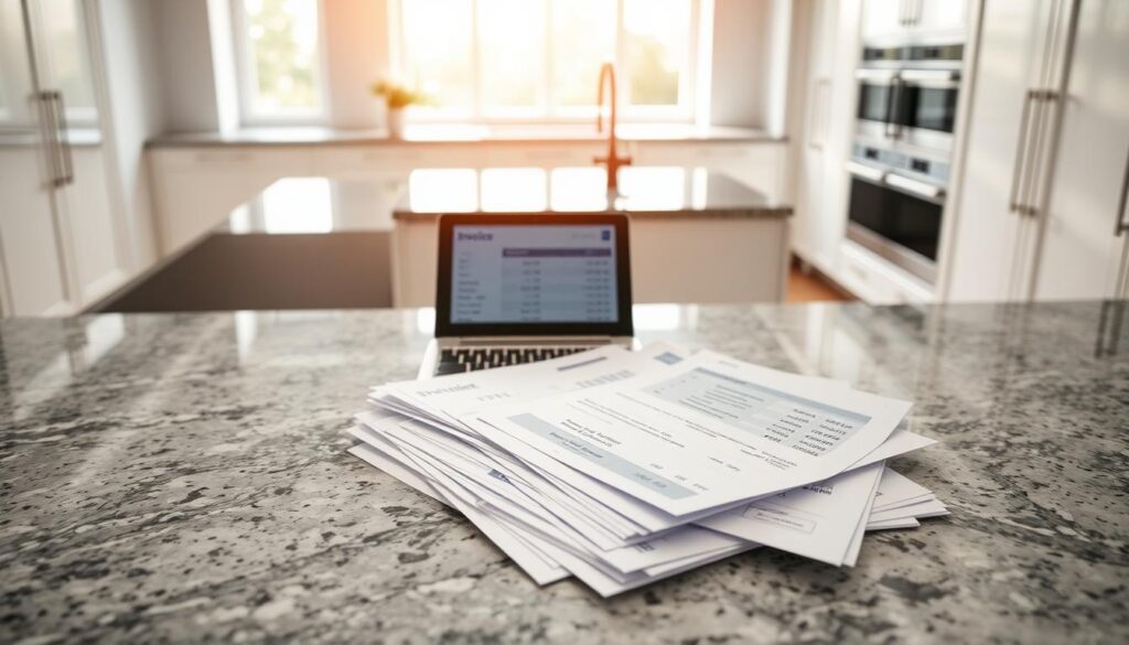 A granite worktop in a modern kitchen setting, softly illuminated by natural light streaming through large windows. The worktop features an elegant, polished surface with natural veining patterns. In the foreground, a stack of price quotes and invoices are neatly arranged, showcasing various granite options and associated costs. The middle ground features a tablet or laptop displaying additional pricing information. The background features minimalist, clean-lined cabinetry and appliances, creating a sense of sophistication and attention to detail. The overall mood is one of professionalism, clarity, and the promise of high-quality granite installation services. A granite worktop in a modern kitchen setting, softly illuminated by natural light streaming through large windows. The worktop features an elegant, polished surface with natural veining patterns. In the foreground, a stack of price quotes and invoices are neatly arranged, showcasing various granite options and associated costs. The middle ground features a tablet or laptop displaying additional pricing information. The background features minimalist, clean-lined cabinetry and appliances, creating a sense of sophistication and attention to detail. The overall mood is one of professionalism, clarity, and the promise of high-quality granite installation services.