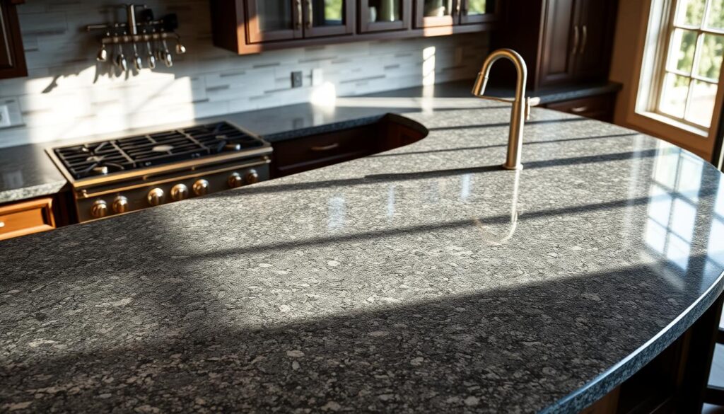 A large, sweeping granite countertop in a kitchen setting, illuminated by warm, natural lighting from a nearby window. The granite surface is a rich, charcoal gray with visible veining and subtle variations in tone, creating a sleek, high-end aesthetic. The countertop spans the length of the kitchen, seamlessly transitioning between the stove and sink area. The edges are finished with a subtle, rounded profile, lending a polished, professional appearance. The overall scene conveys a sense of durability, functionality, and timeless elegance, perfectly suited for a section on "Performance, maintenance, and repairs you can trust". A large, sweeping granite countertop in a kitchen setting, illuminated by warm, natural lighting from a nearby window. The granite surface is a rich, charcoal gray with visible veining and subtle variations in tone, creating a sleek, high-end aesthetic. The countertop spans the length of the kitchen, seamlessly transitioning between the stove and sink area. The edges are finished with a subtle, rounded profile, lending a polished, professional appearance. The overall scene conveys a sense of durability, functionality, and timeless elegance, perfectly suited for a section on "Performance, maintenance, and repairs you can trust".
