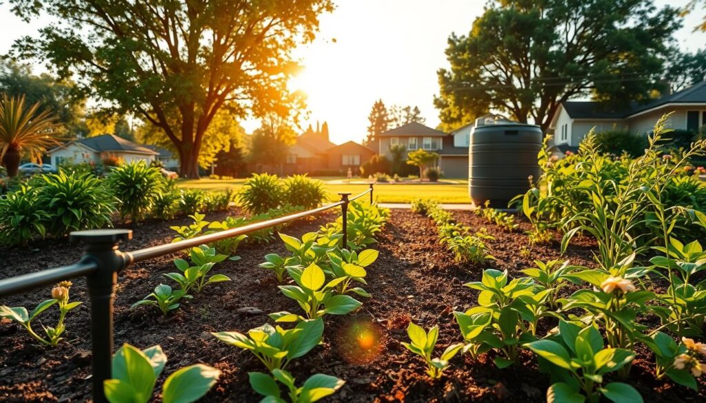 A lush, thriving garden under a warm, golden afternoon sun. In the foreground, a modern, efficient drip irrigation system waters the soil with precision, conserving precious water. Verdant, well-tended plants and flowers sway gently in a light breeze. In the middle ground, a rain barrel collects runoff, ready to be reused for the garden. The background showcases a picturesque suburban landscape with mature trees and well-maintained homes, all contributing to a harmonious, eco-friendly environment. The scene conveys a sense of balance, sustainability, and the rewards of responsible water management.