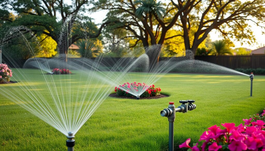 A lush, verdant landscape in Pretoria showcases a comprehensive irrigation system. In the foreground, precision-engineered sprinklers evenly distribute water across neatly manicured lawns. Midground, sleek pipework and control valves weave through flowerbeds, hydrating vibrant blooms. In the background, towering jacaranda trees frame the scene, their canopies casting a warm, dappled light. The overall atmosphere exudes a harmonious balance of technology and nature, reflecting the expert design and seamless integration of the irrigation infrastructure throughout Pretoria's diverse suburbs.
