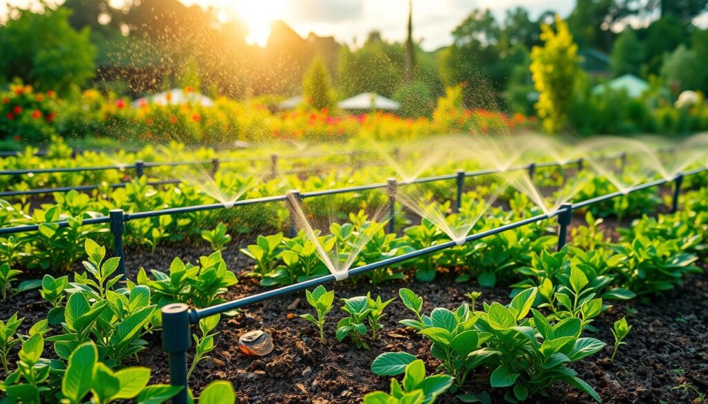 A lush, verdant landscape with a meticulously designed drip irrigation system. In the foreground, sleek, modern sprinkler heads emerge from the soil, gently misting the surrounding plants. The middle ground features a network of discrete, low-profile pipes and fittings, blending seamlessly with the natural environment. In the background, a picturesque garden filled with thriving flora, illuminated by warm, golden sunlight filtering through wispy clouds. The overall scene conveys a sense of harmony, efficiency, and environmental stewardship, perfectly capturing the essence of an optimal irrigation setup.